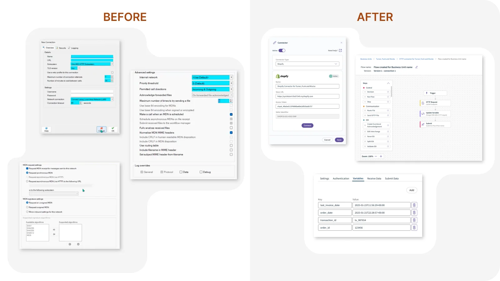 Before and after comparison of the connector setup and workflow
