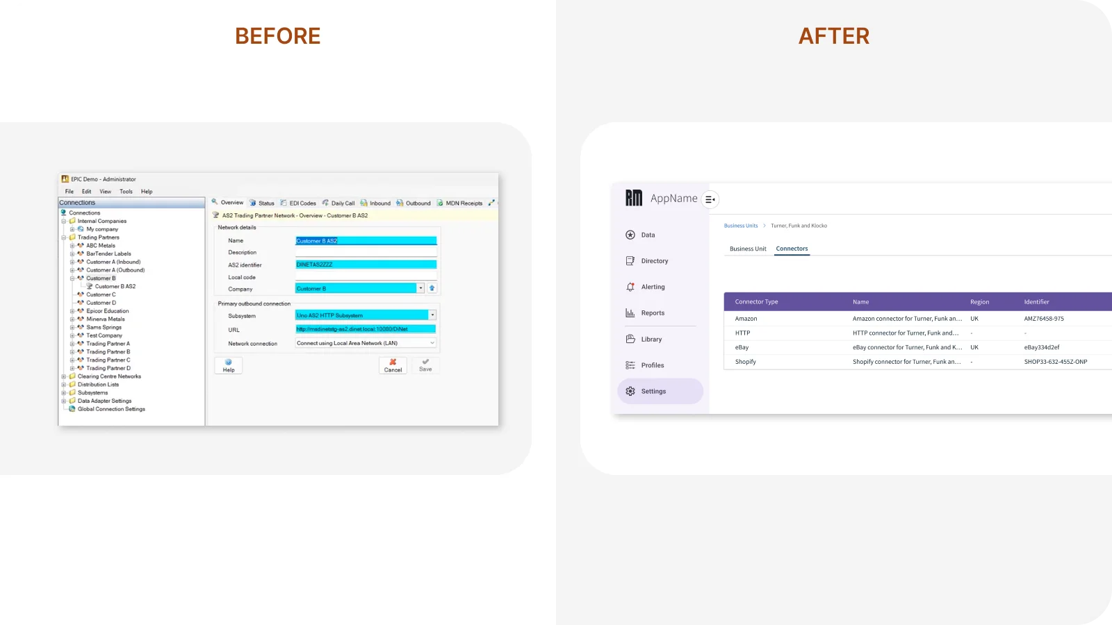 Before and after comparison of the connector management screen