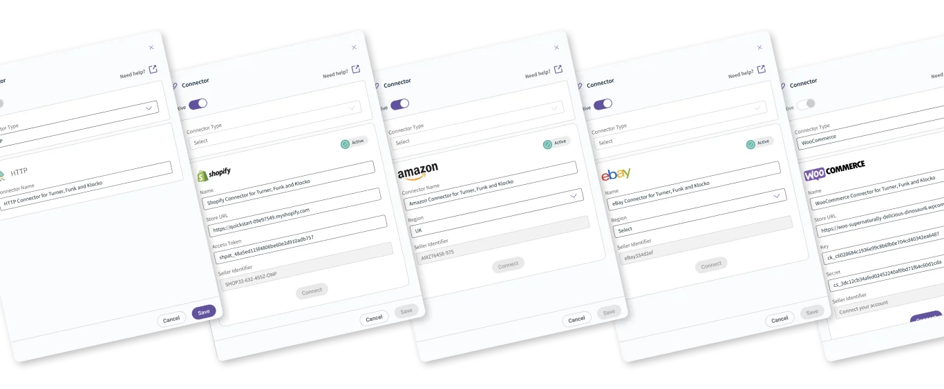 Fragmented connector setup dialogs across HTTP, Shopify, Amazon, eBay, and WooCommerce before standardisation