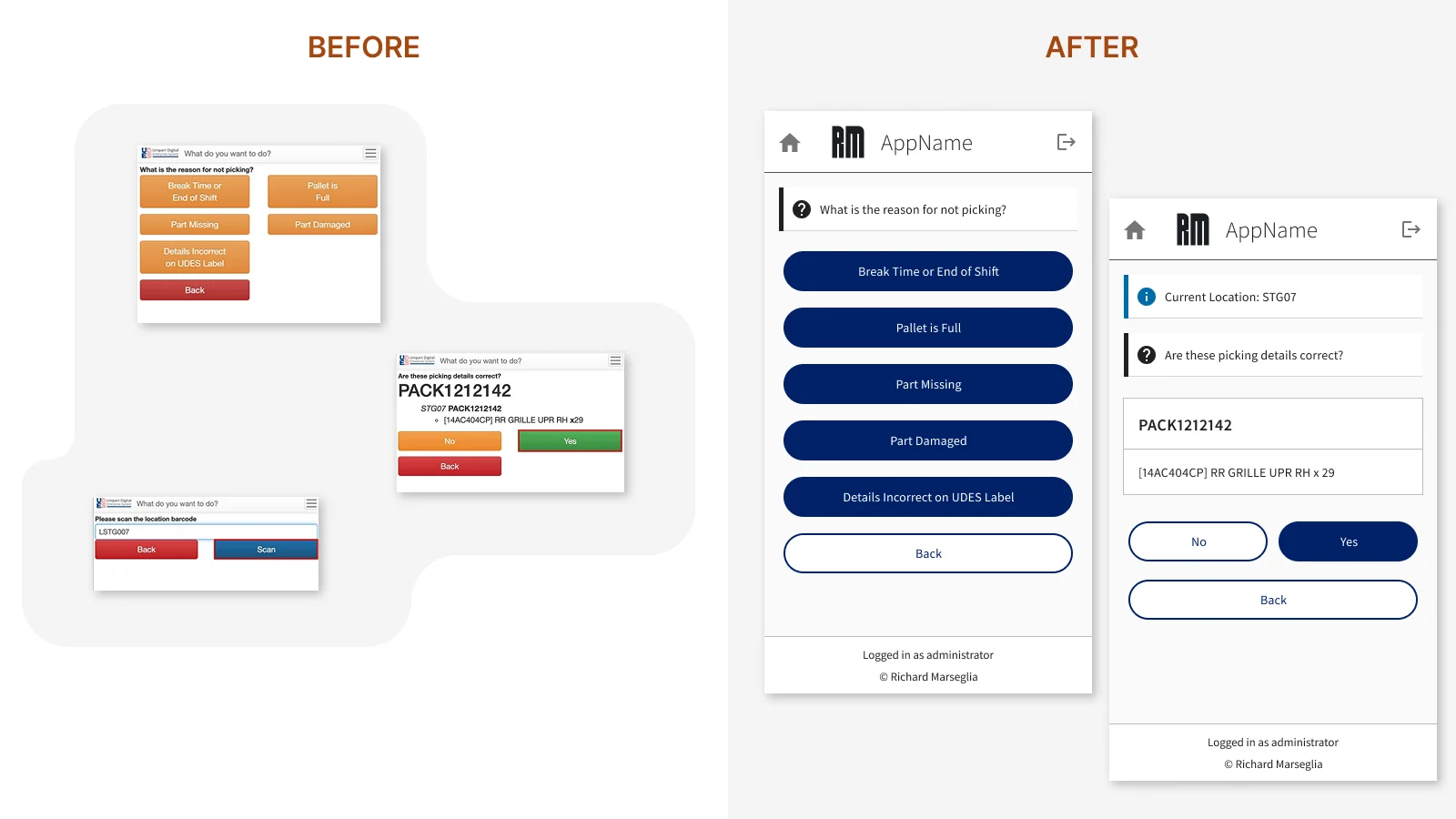 Before and after comparison of the warehouse operator UI