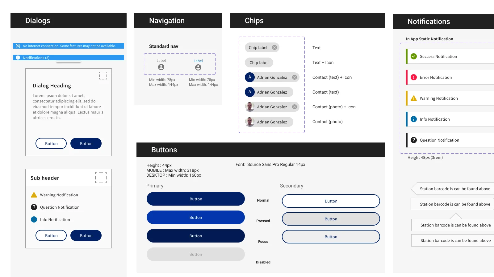 Design system components: dialogs, navigation, chips, buttons, and notifications